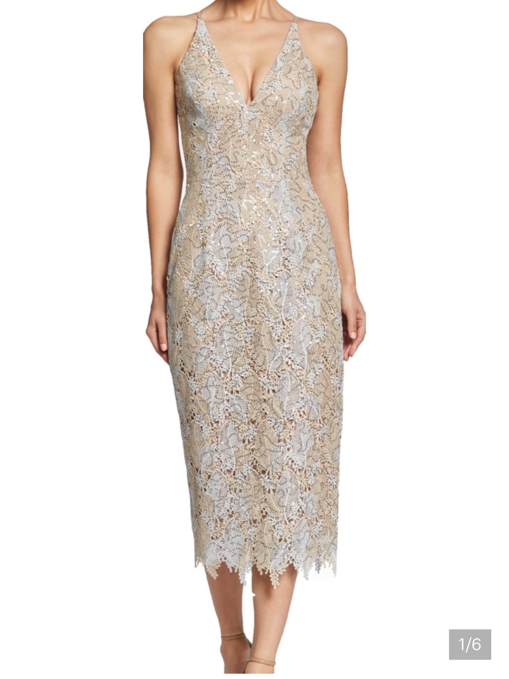 Dress the Population Aurora Silver Gold Sequin Lace Midi Sheath Dress Medium